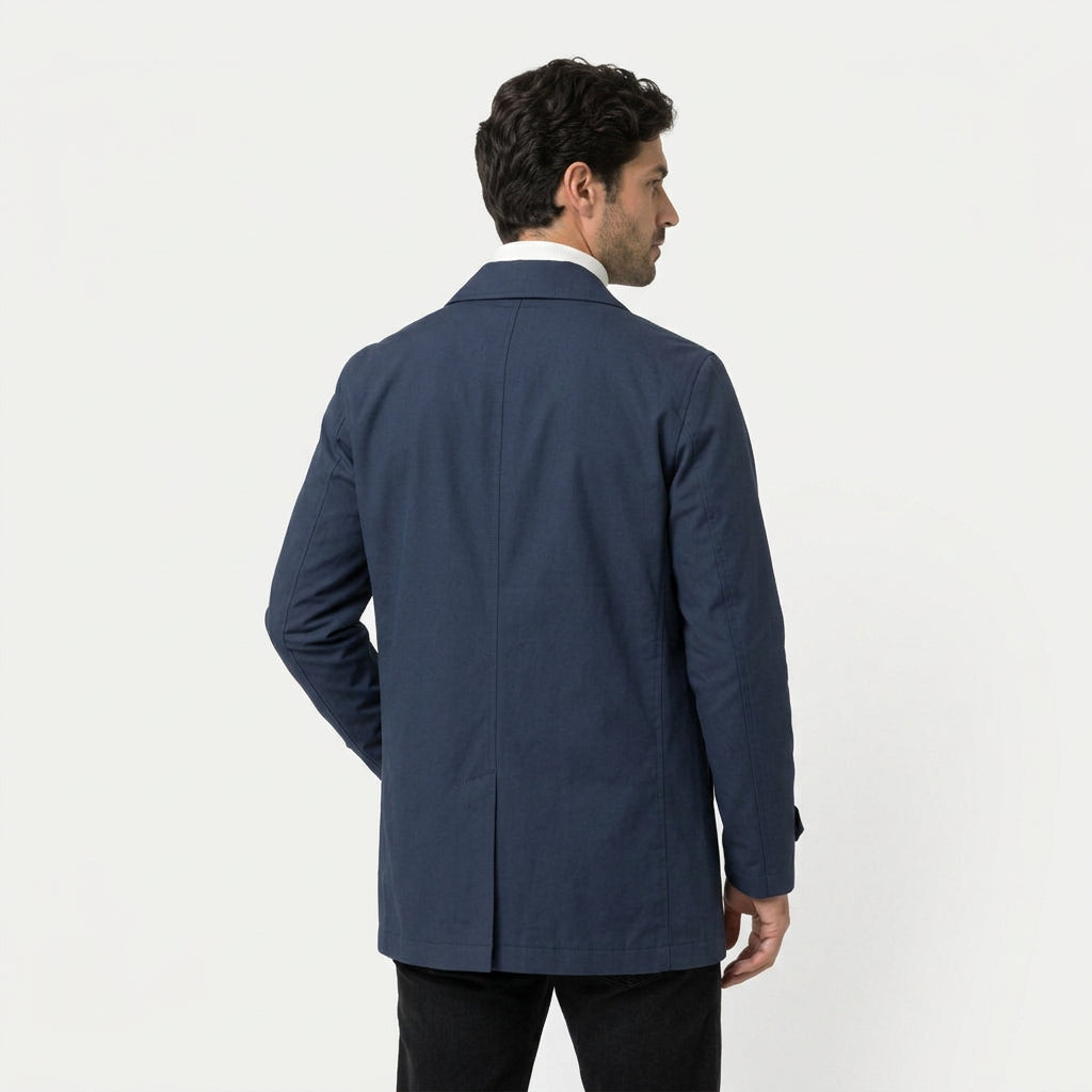 Men's single-breasted car coat in Navy | Rockbourne – back view