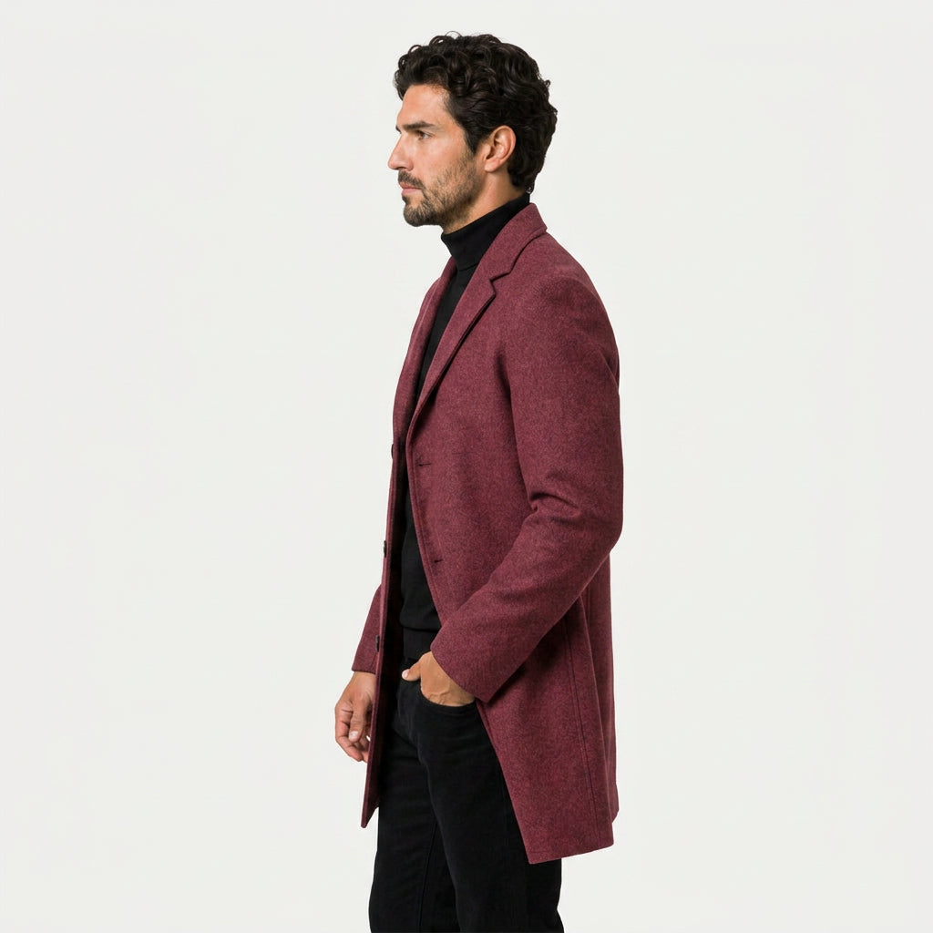 Men's Single-Breasted Overcoat in Burgundy | Tebay – side view