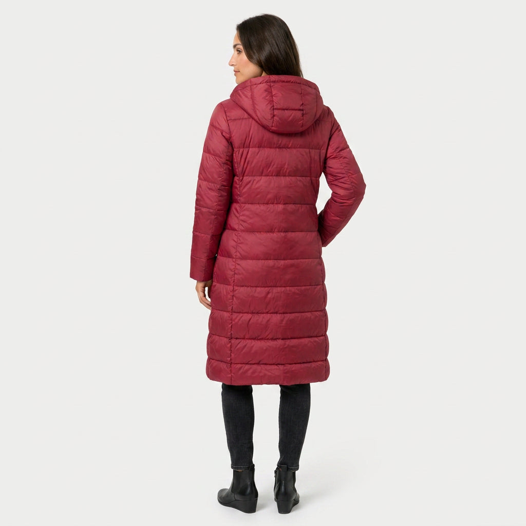Women's Longline Puffer Coat in Red | Idbury – back view