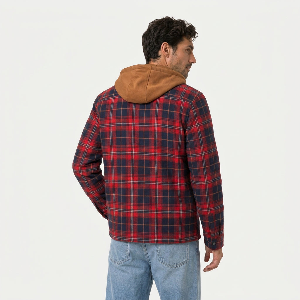 Men's hooded check shirt jacket in Navy Red Check | Rufforth – back view