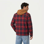 Men's hooded check shirt jacket in Navy Red Check | Rufforth – back view