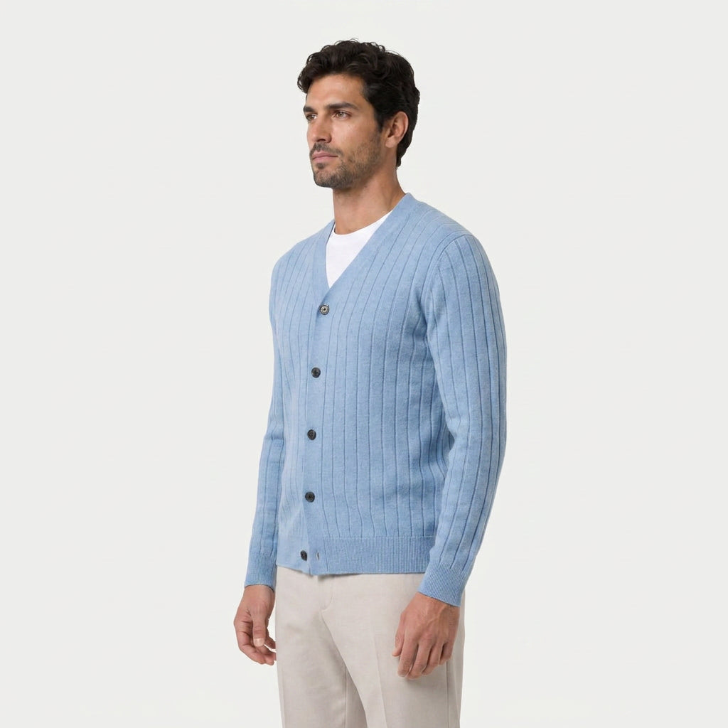 Men's ribbed V-neck cardigan in Light Blue | Owlpen – side view