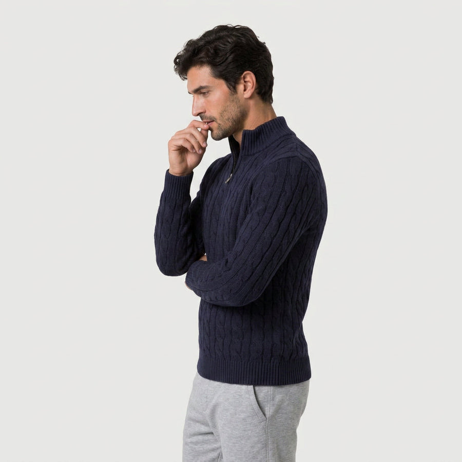 Men's cable knit quarter-zip jumper in Navy | Ombersley – side view