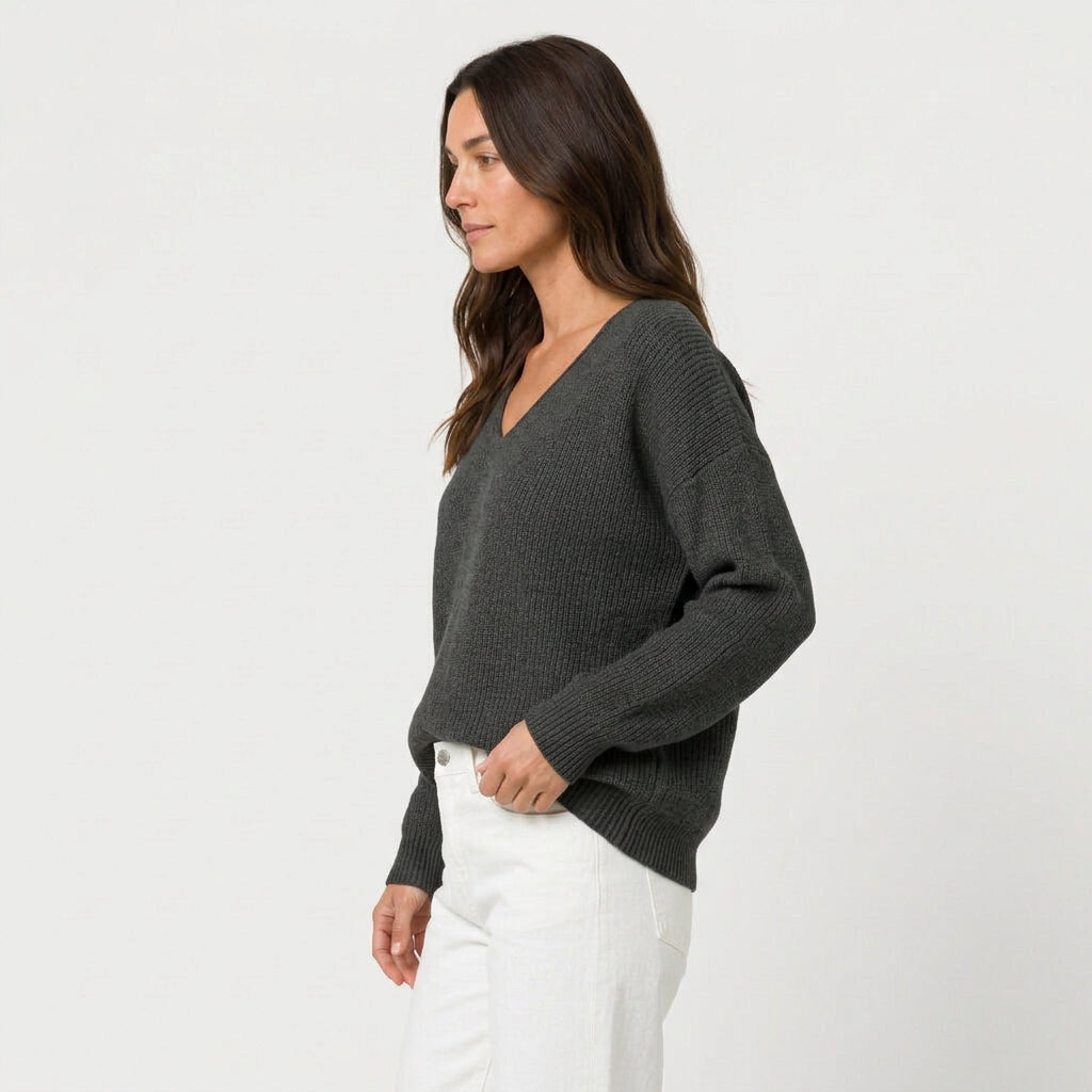 Women's Ribbed V-Neck Jumper in Charcoal | Glaisdale – side view