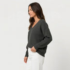 Women's Ribbed V-Neck Jumper in Charcoal | Glaisdale – side view