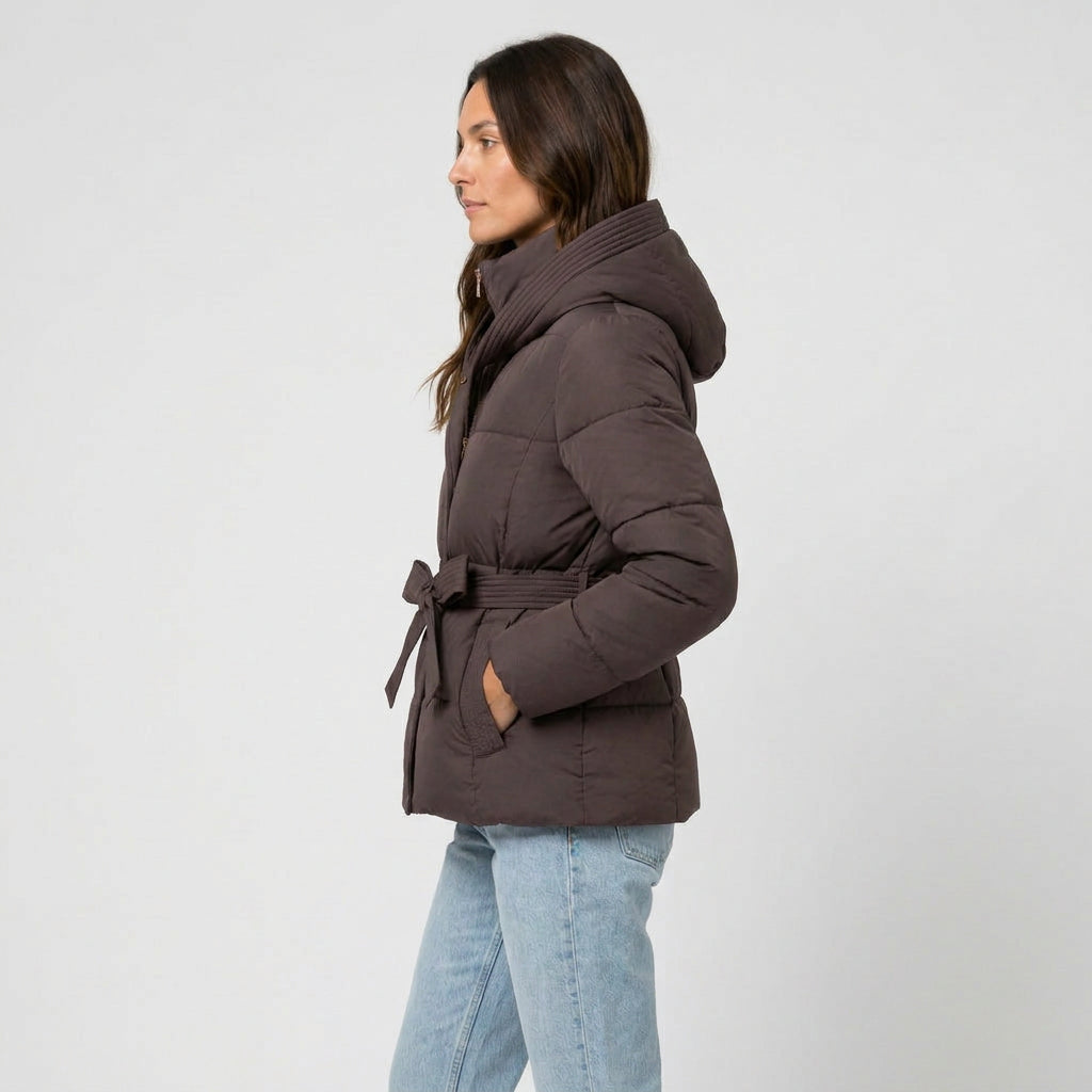 Women's belted puffer jacket in Dark Brown | Ardeley – side view