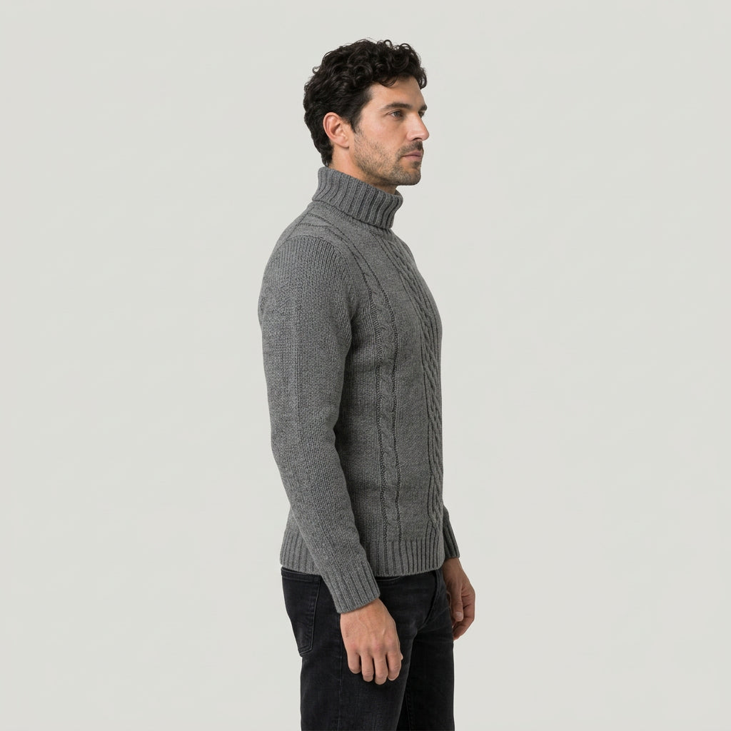 Men's cable knit roll neck jumper in Grey | Nettleden – side view