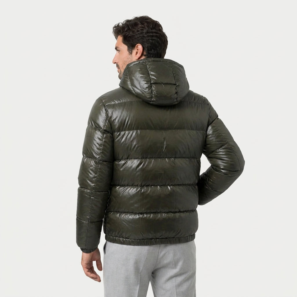 Men's high-shine hooded puffer jacket in Dark Green | Raskelf – back view