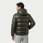 Men's high-shine hooded puffer jacket in Dark Green | Raskelf – back view