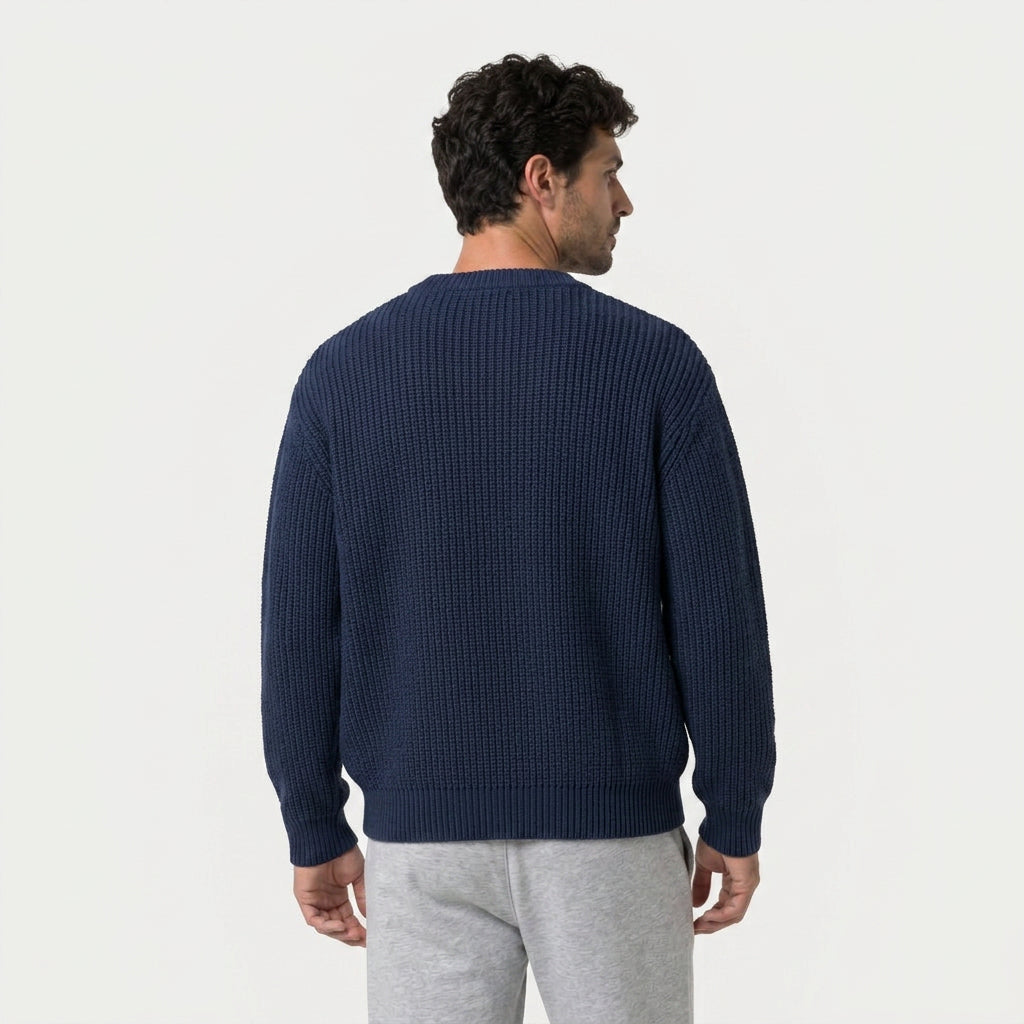Men's ribbed crew neck jumper in Navy | Wigtoft – back view