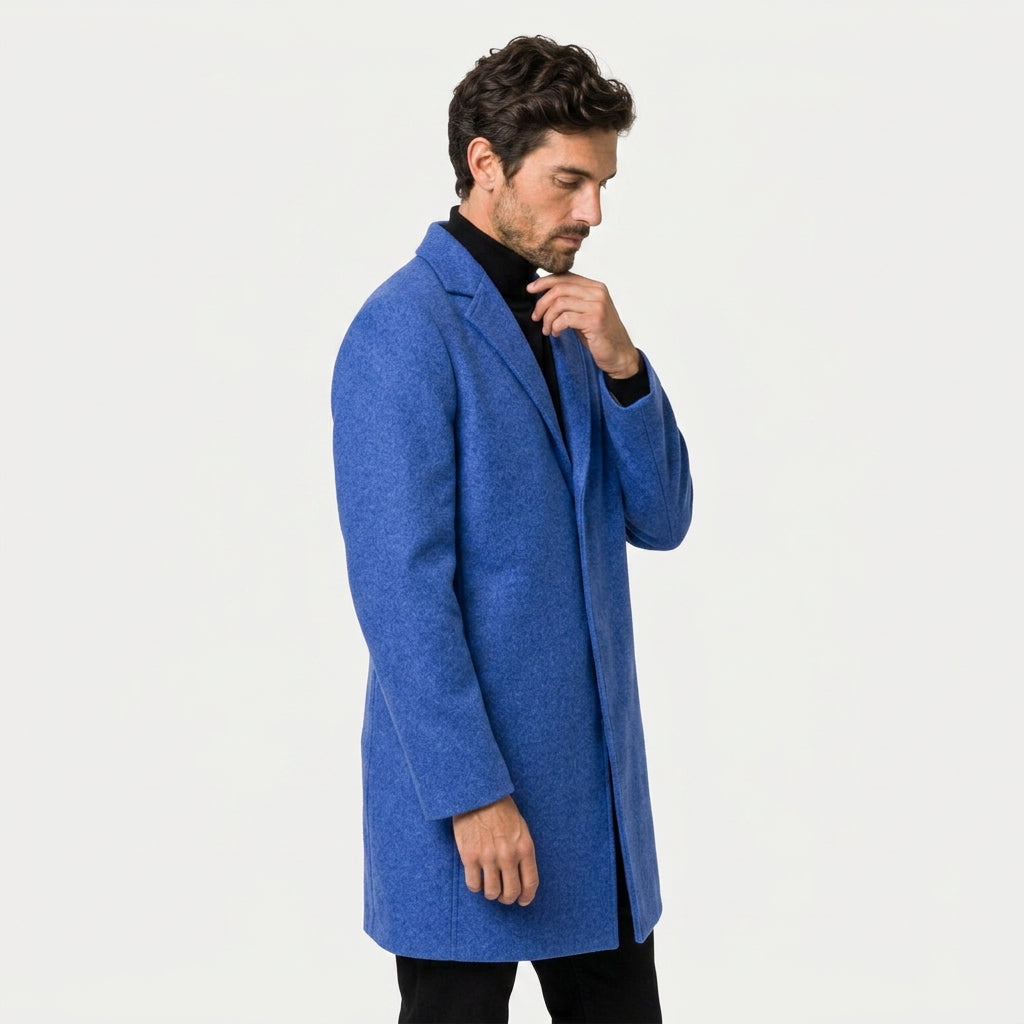 Men's Single-Breasted Overcoat in Blue | Tebay – side view