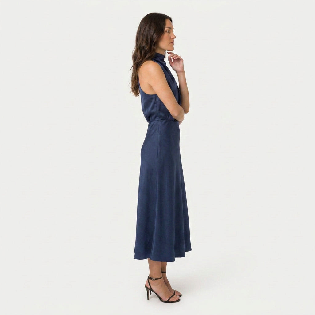 Women's satin halter midi dress in Navy | Alderholt – side view