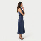 Women's satin halter midi dress in Navy | Alderholt – side view