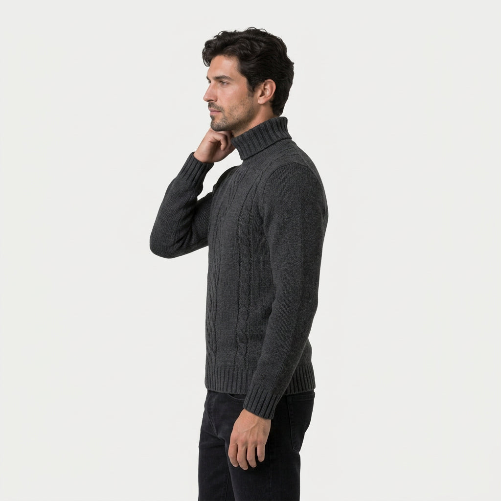 Men's cable knit roll neck jumper in Black | Nettleden – side view