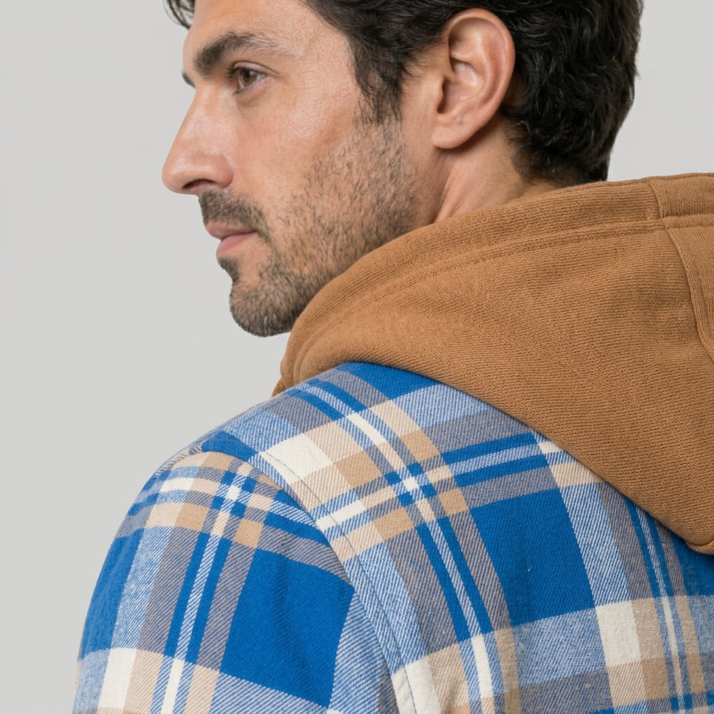 Men's hooded check shirt jacket in Blue Check | Rufforth – detail view