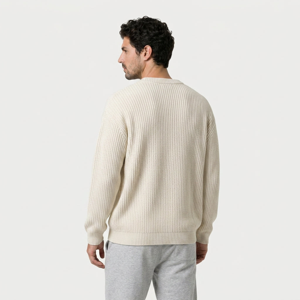 Men's ribbed crew neck jumper in Cream | Wigtoft – back view