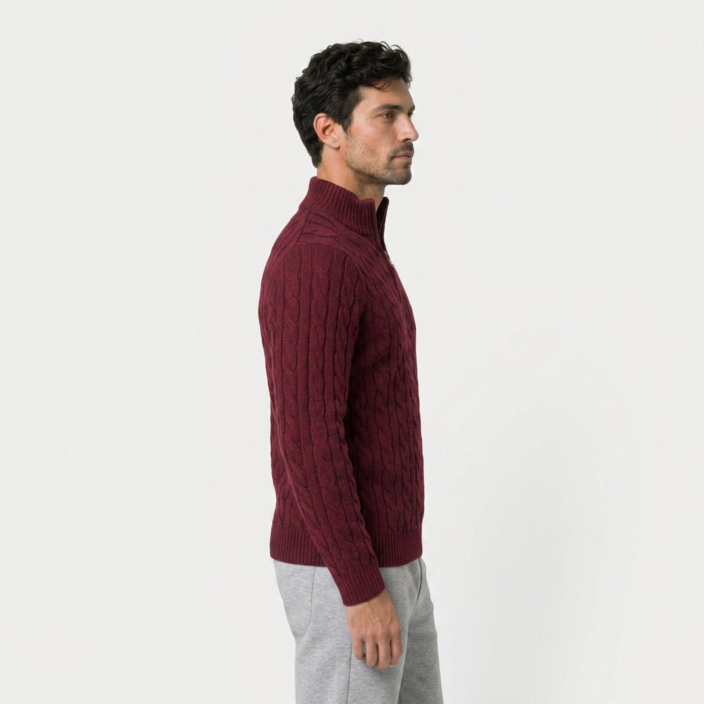 Men's cable knit quarter-zip jumper in Burgundy | Ombersley – side view