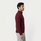 Men's cable knit quarter-zip jumper in Burgundy | Ombersley – side view