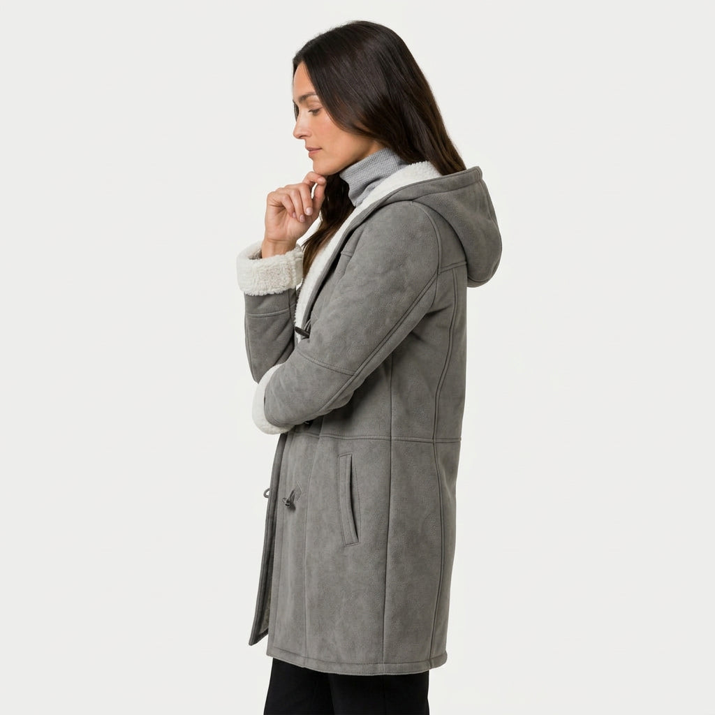 Women's hooded duffle coat in Grey | Glapthorn – side view