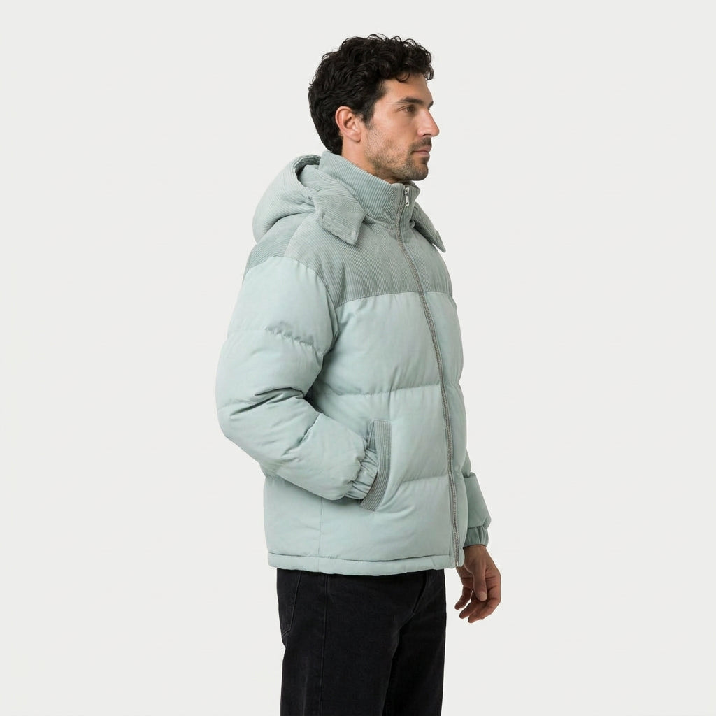 Men's corduroy hooded puffer jacket in Duck Egg | Ousby – side view