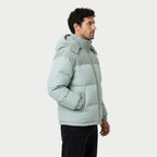 Men's corduroy hooded puffer jacket in Duck Egg | Ousby – side view