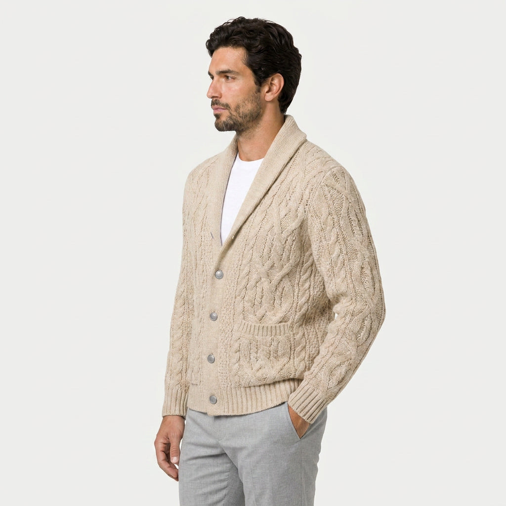 Men's shawl collar cable knit cardigan in Beige | Barnard – side view