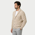 Men's shawl collar cable knit cardigan in Beige | Barnard – side view