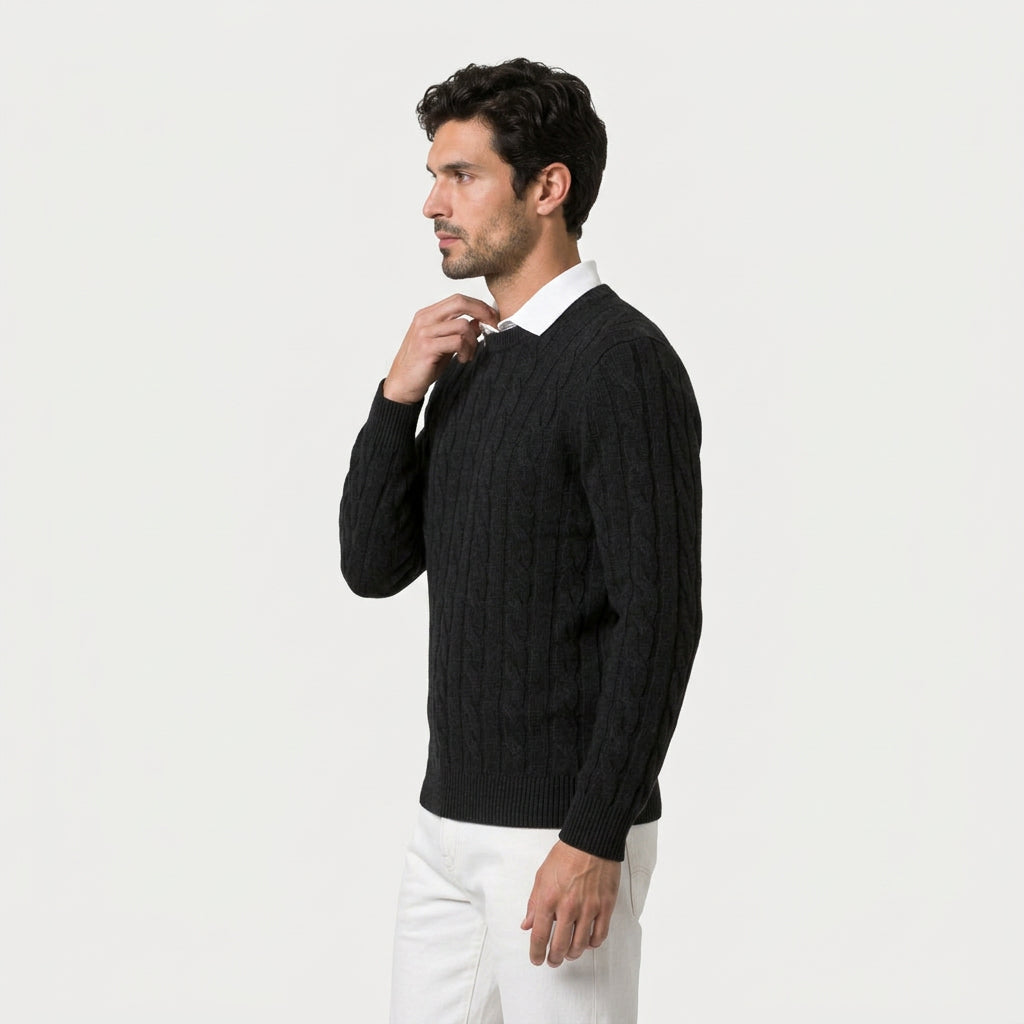 Men's cable knit crew neck jumper in Black | Portsoy – side view