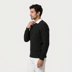 Men's cable knit crew neck jumper in Black | Portsoy – side view