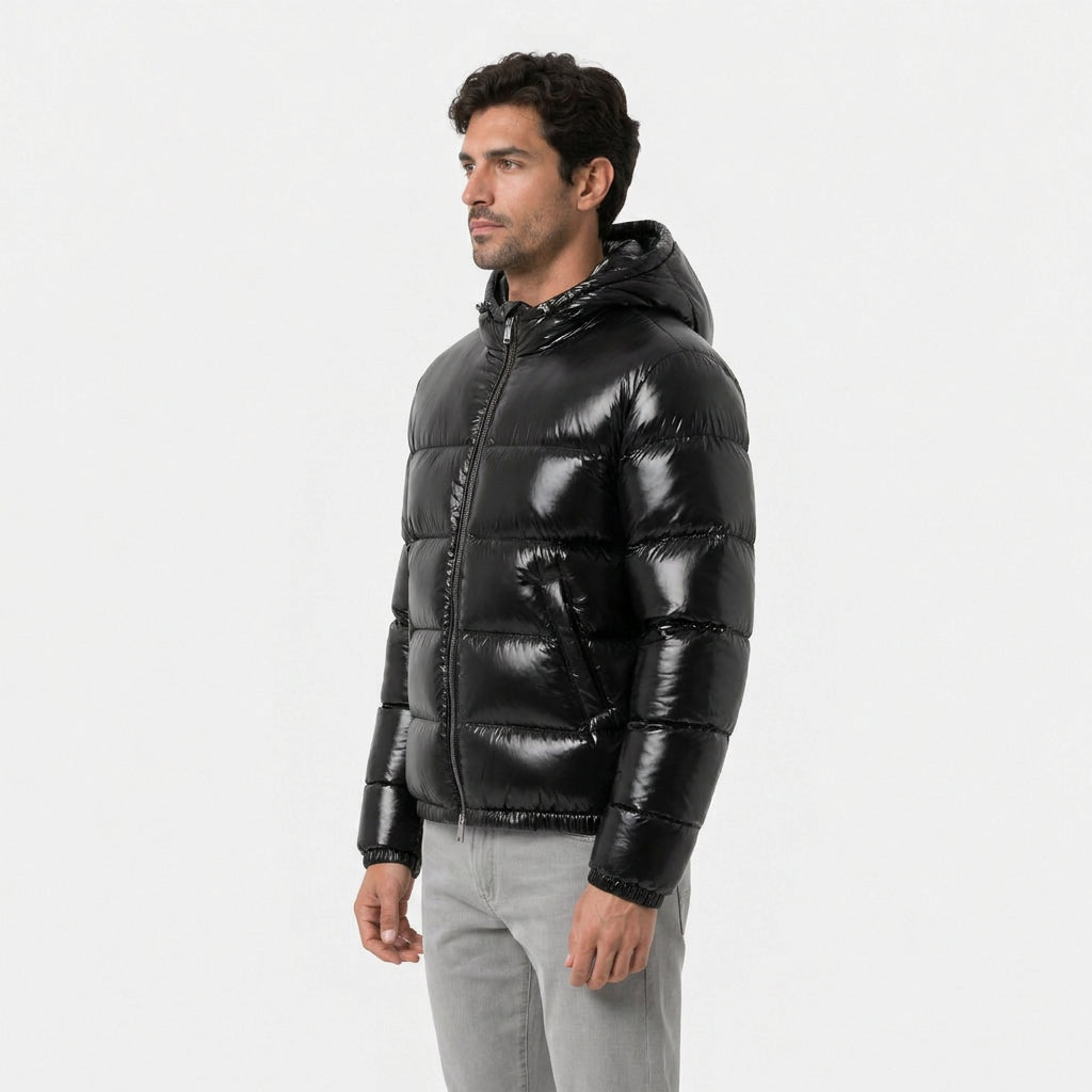 Men's high-shine hooded puffer jacket in Black | Raskelf – side view