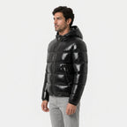 Men's high-shine hooded puffer jacket in Black | Raskelf – side view