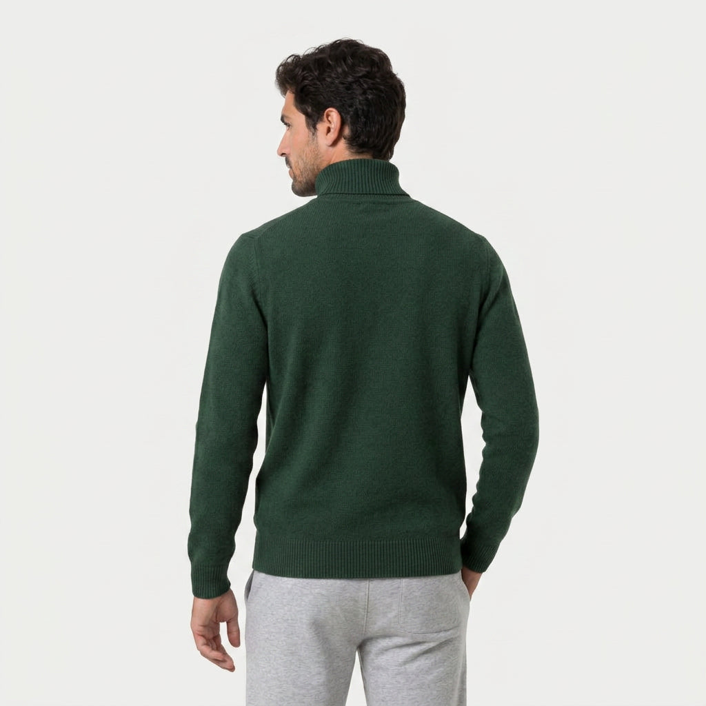 Men's roll neck jumper in Dark Green | Wambrook – back view