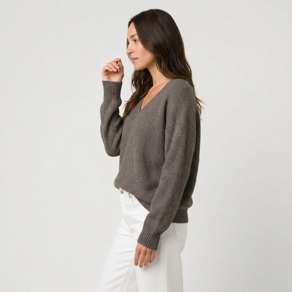 Women's Ribbed V-Neck Jumper in Dark Grey | Glaisdale – side view