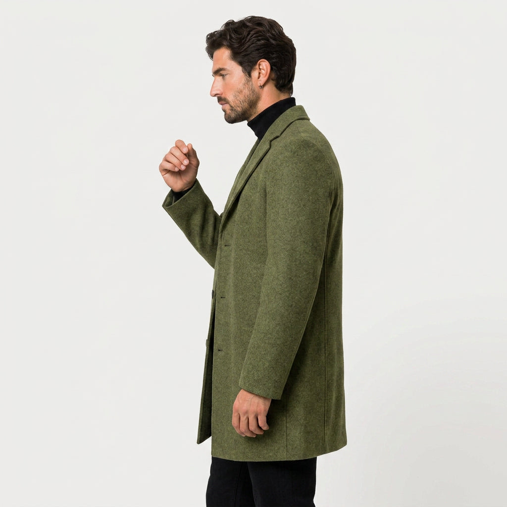 Men's Single-Breasted Overcoat in Olive | Tebay – side view