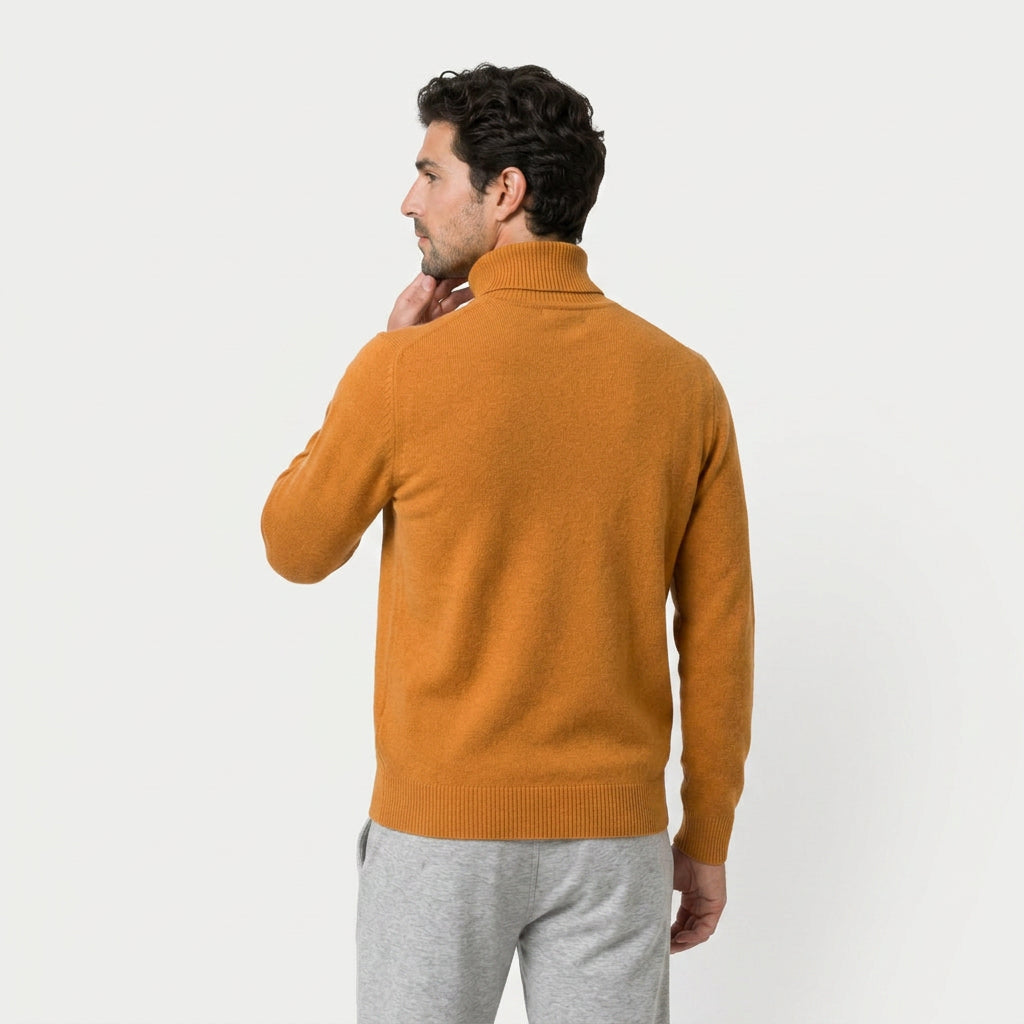 Men's roll neck jumper in Mustard | Wambrook – back view
