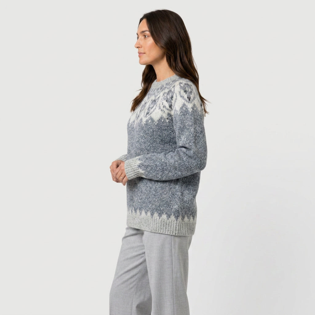 Women's Fair Isle crew neck jumper in Grey & White | Hinderclay – side view