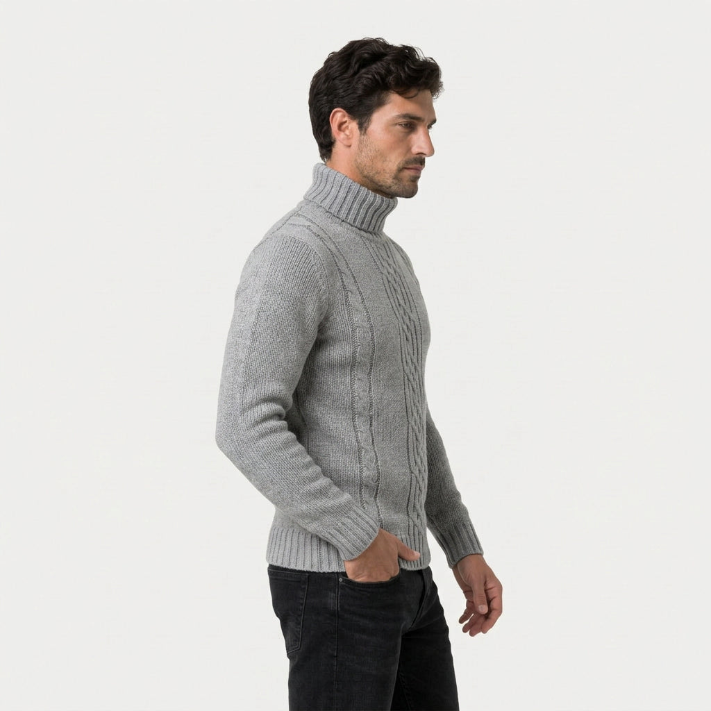 Men's cable knit roll neck jumper in Light Grey | Nettleden – side view