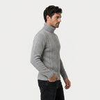 Men's cable knit roll neck jumper in Light Grey | Nettleden – side view