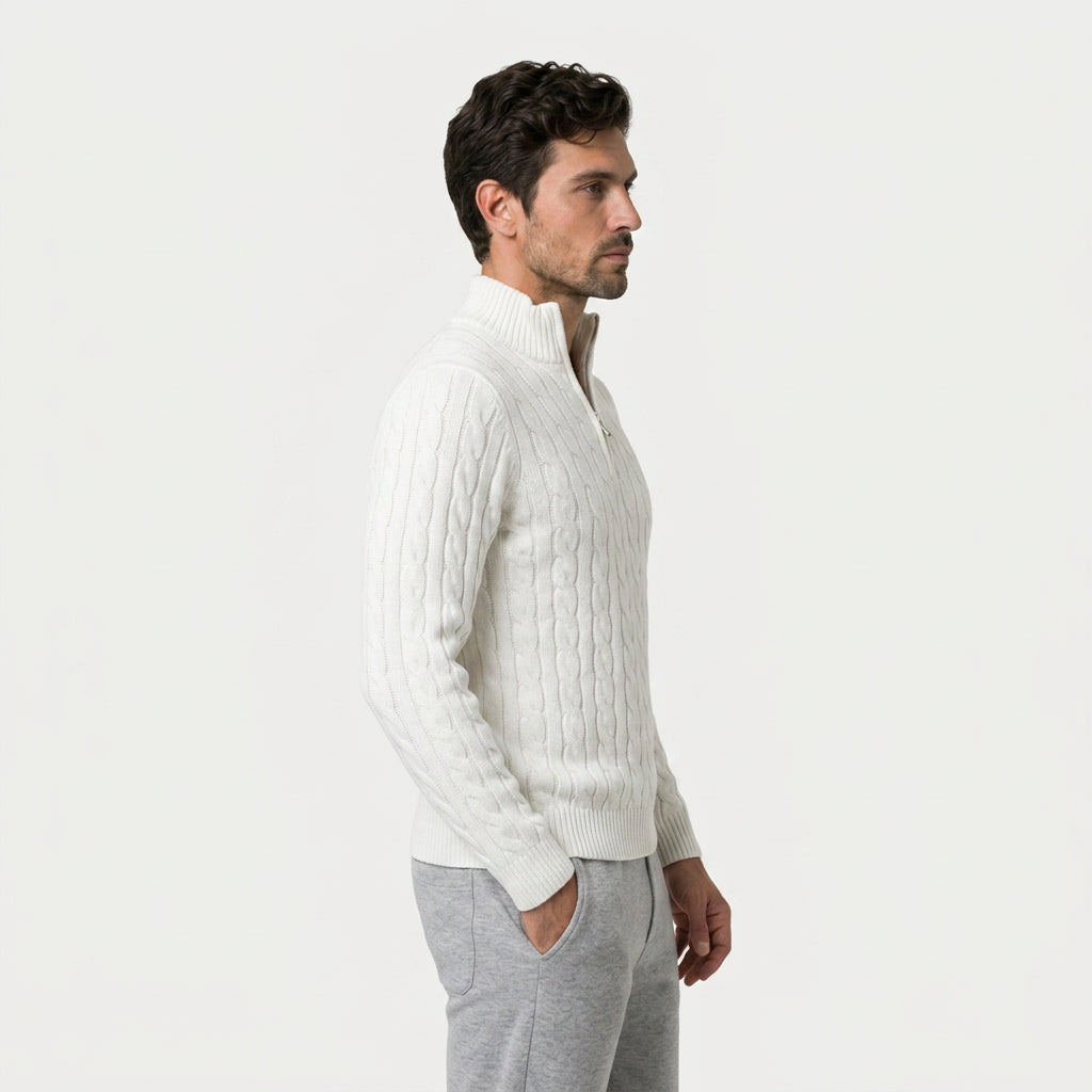 Men's cable knit quarter-zip jumper in White | Ombersley – side view