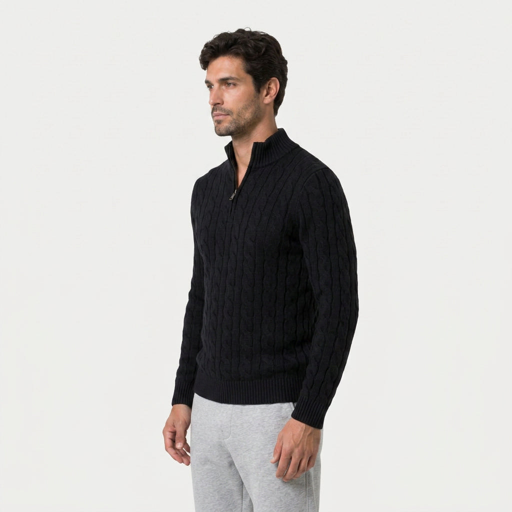 Men's cable knit quarter-zip jumper in Black | Ombersley – side view