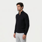 Men's cable knit quarter-zip jumper in Black | Ombersley – side view