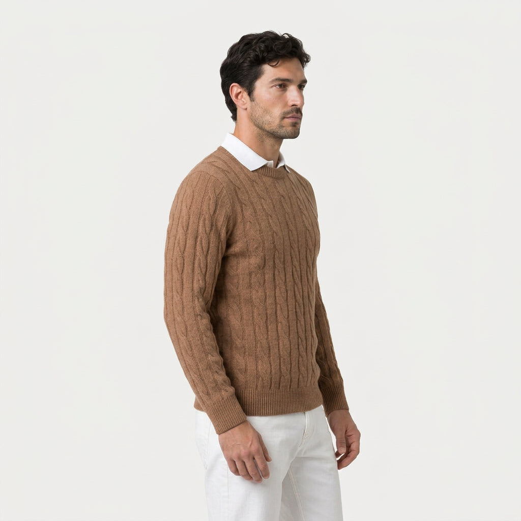 Men's cable knit crew neck jumper in Camel | Portsoy – side view