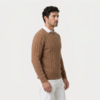 Men's cable knit crew neck jumper in Camel | Portsoy – side view