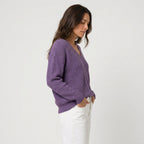 Women's Ribbed V-Neck Jumper in Purple | Glaisdale – side view