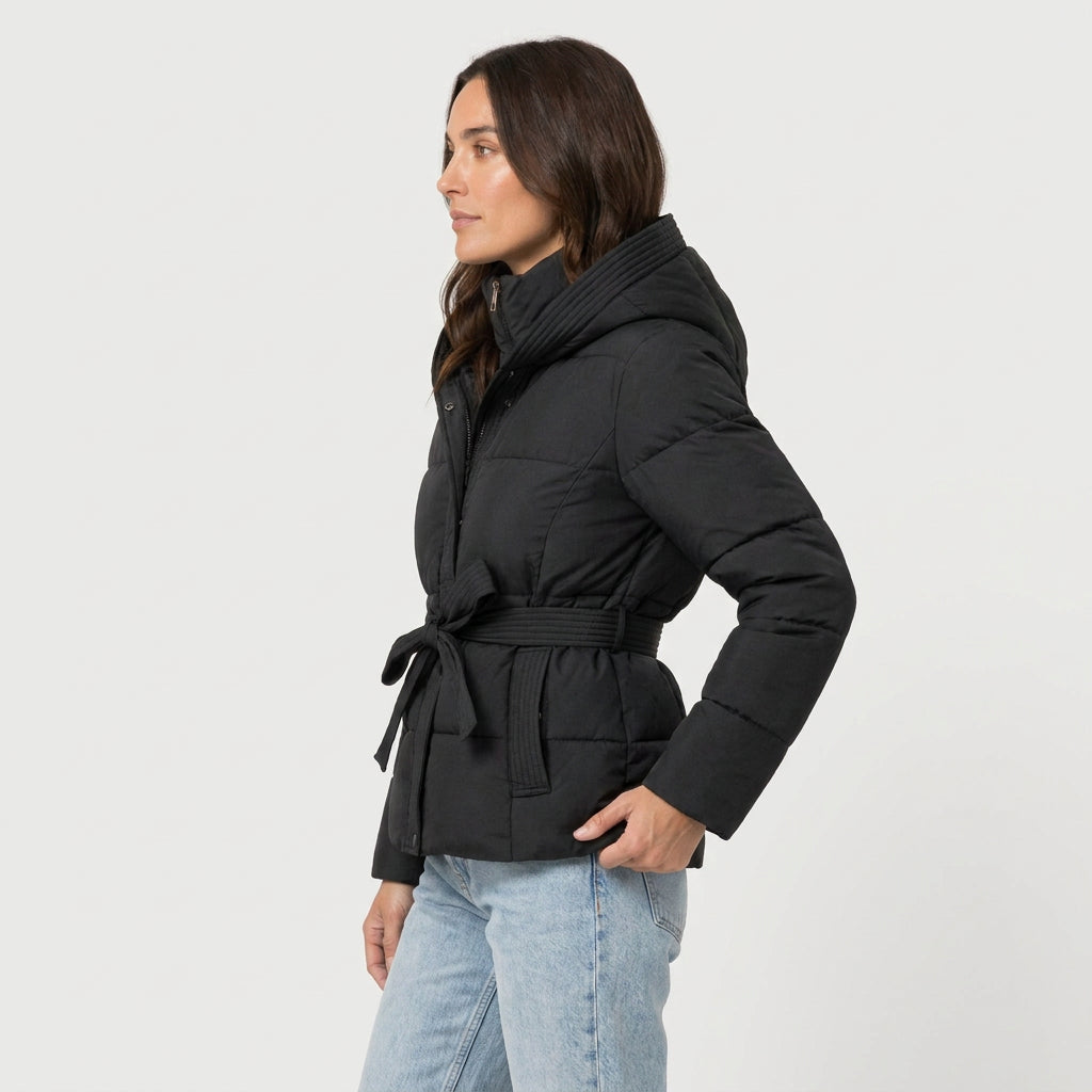 Women's belted puffer jacket in Black | Ardeley – side view