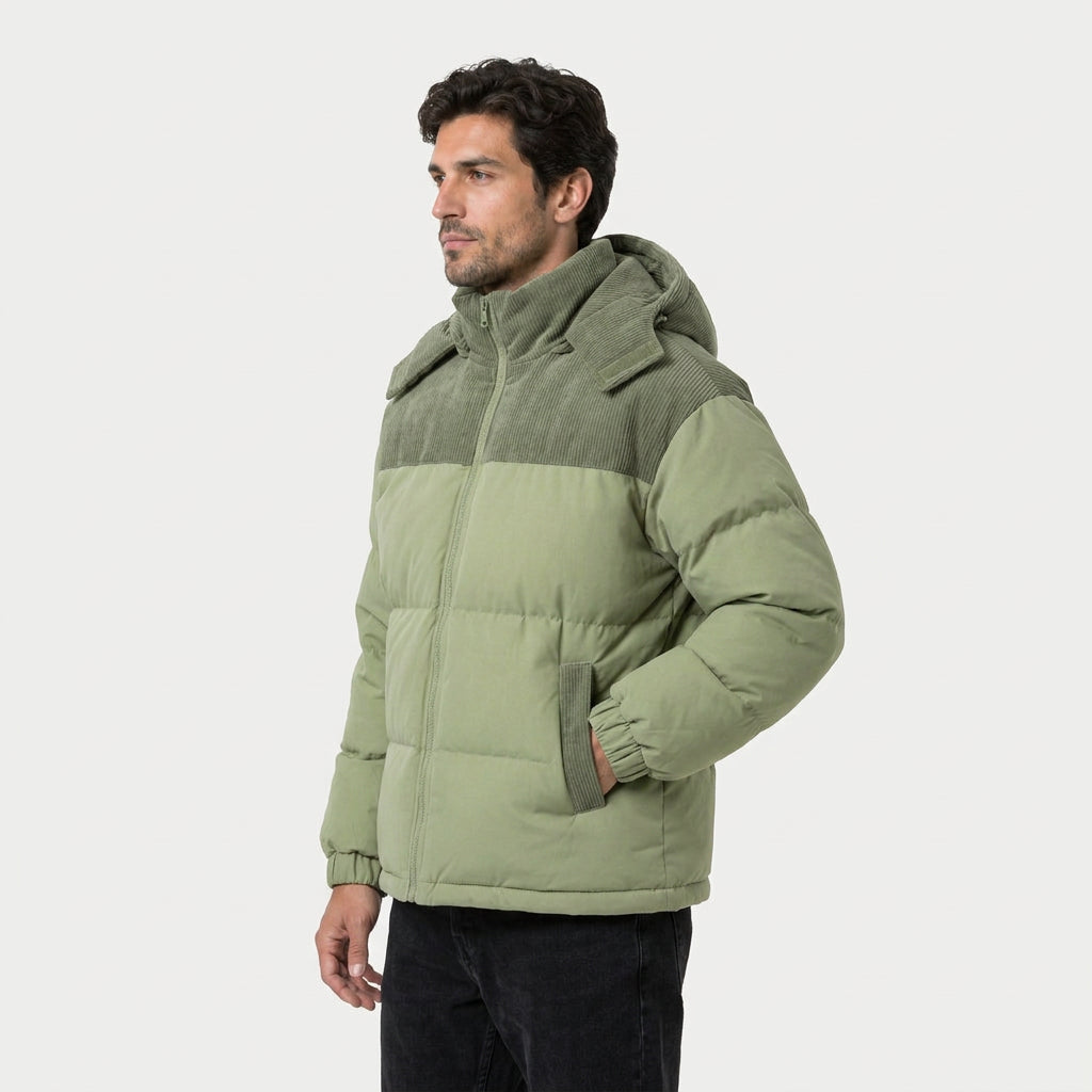 Men's corduroy hooded puffer jacket in Sage | Ousby – side view