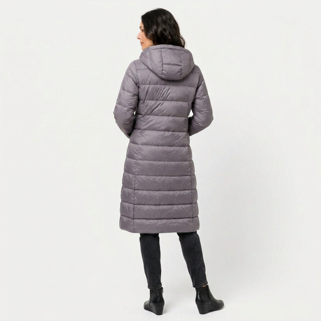 Women's Longline Puffer Coat in Grey | Idbury – back view