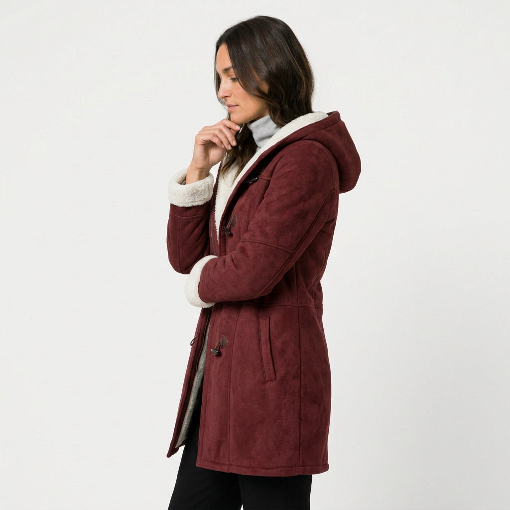 Women's hooded duffle coat in Burgundy | Glapthorn – side view