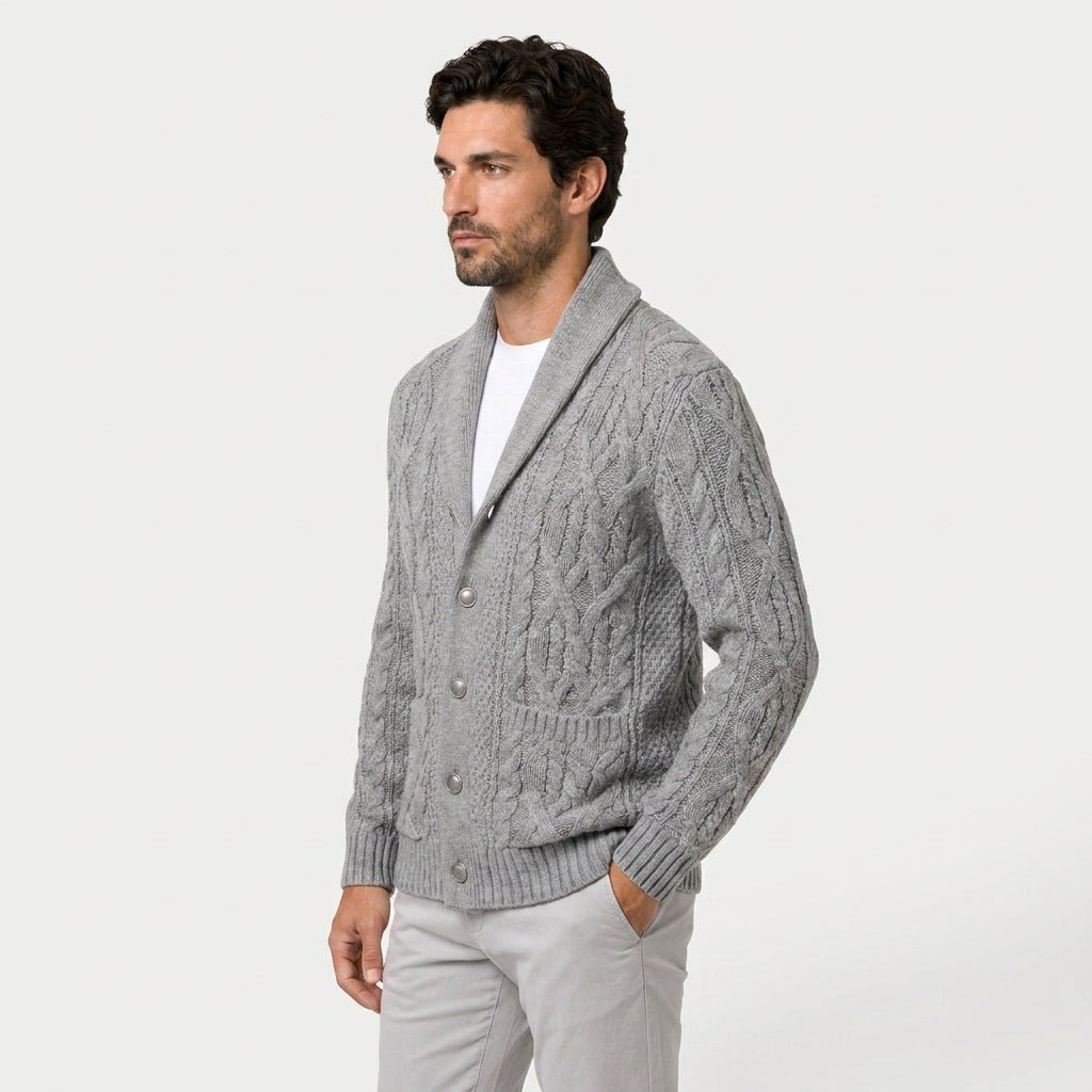 Men's shawl collar cable knit cardigan in Grey | Barnard – side view