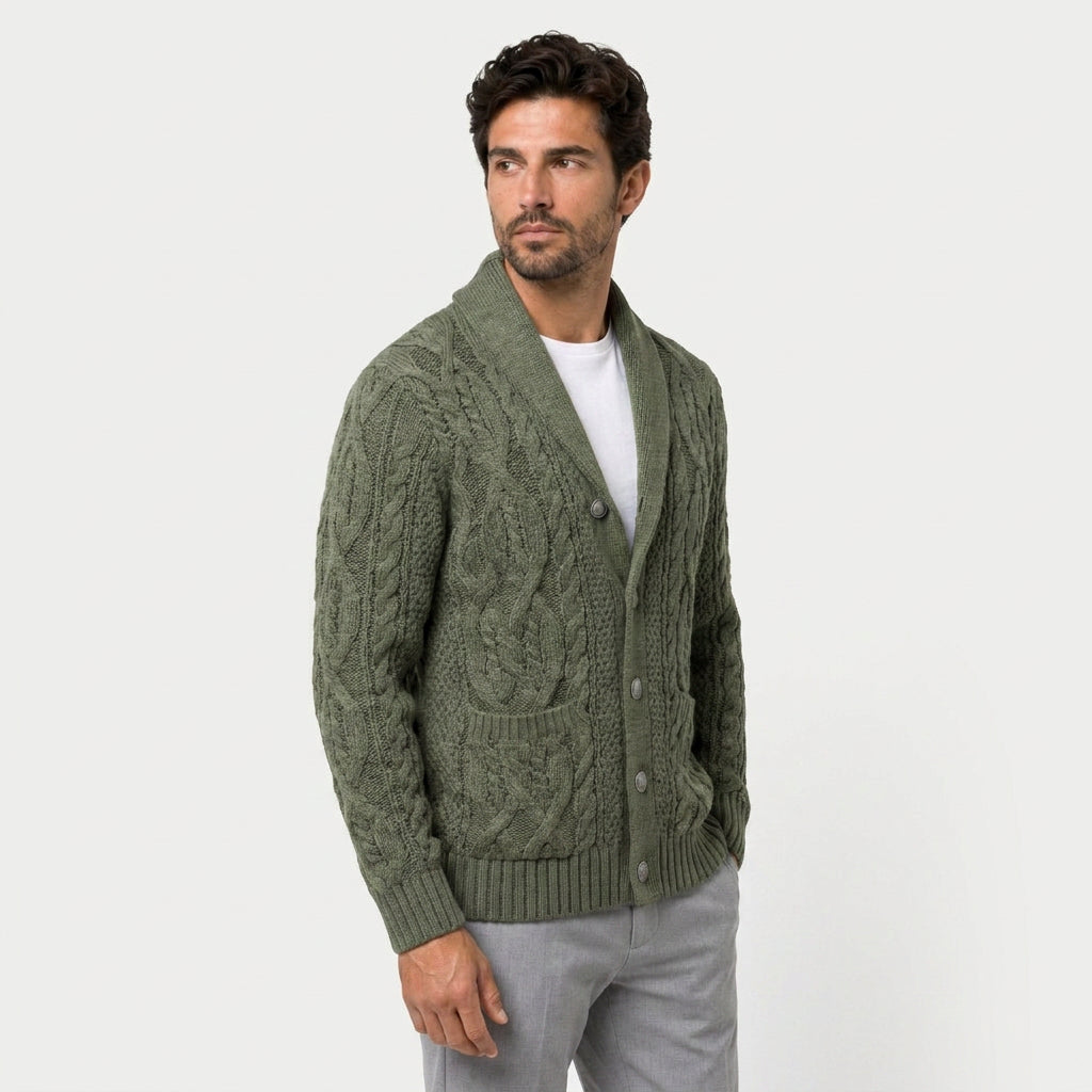 Men's shawl collar cable knit cardigan in Olive Green | Barnard – side view